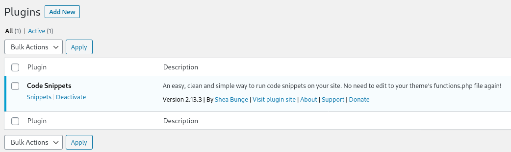 code snippets plugin is activated