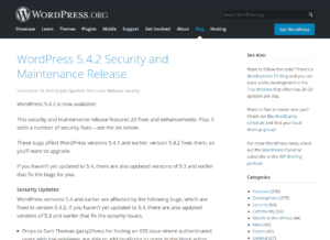 A WordPress announcement regarding the latest security update.