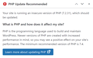 A sample message from WordPress urging the reader to update their PHP from an 'insecure' older version.