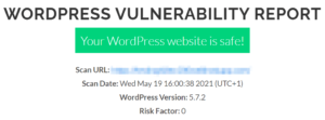 A sample result from a WPSec vulnerability scan.