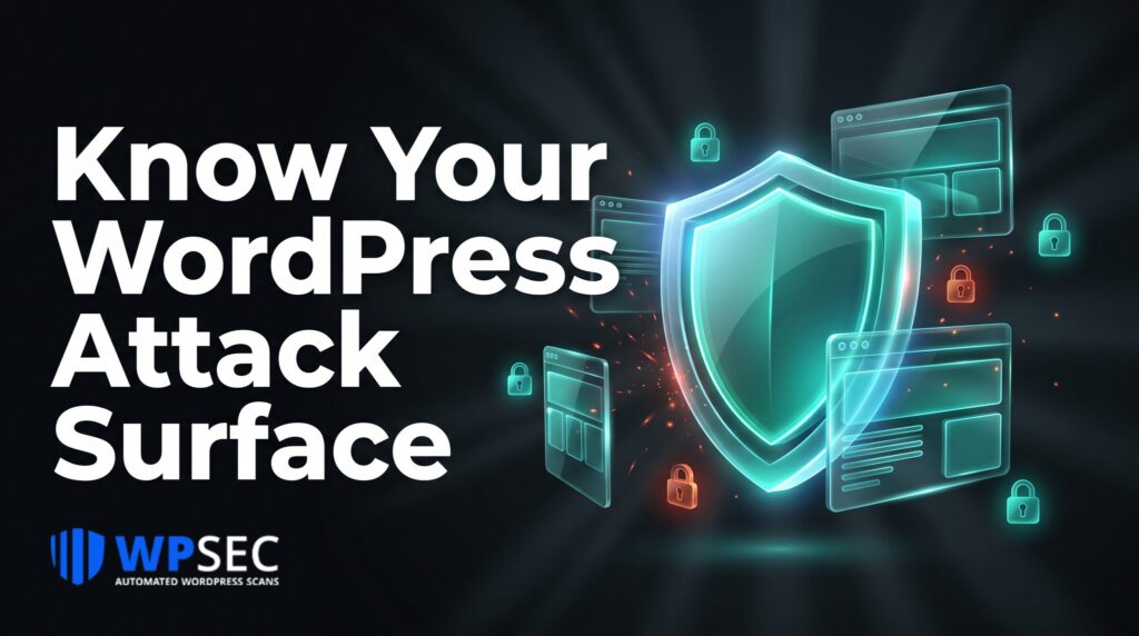 Glowing shield protecting a WordPress site — illustrating a WordPress attack surface (WPSec).